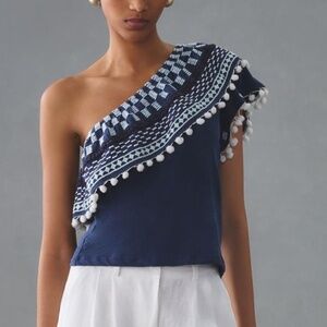 NWT By Anthropologie Pom-Tassel One-Shoulder Top XS